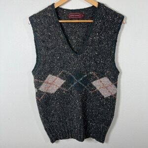 Vintage Jeffrey Banks 100% Wool Hand Knit Argyle Sweater Vest M Gray Classic 90s